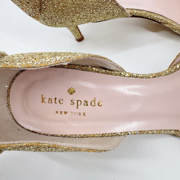 Kate Spade Gold Glitter Kitten Heels Size 8 D’Orsay Pointed Toe Bow Back Italy - Picture 6 of 12